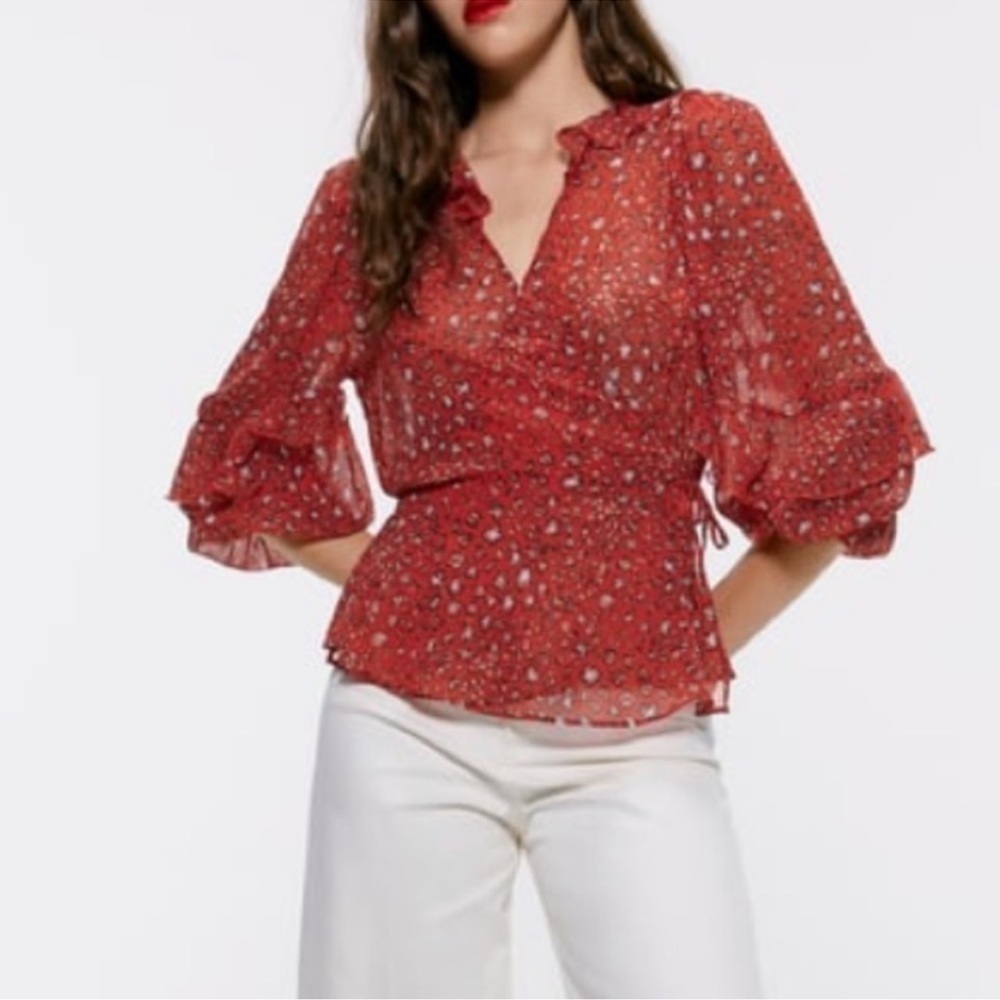 Zara Red Animal Print Sheer Flowy Ruffle Trim Wrap Blouse Top sz Small